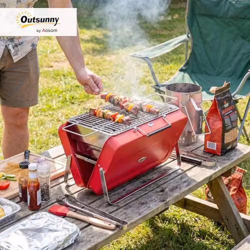 Outsunny Portable Mini Charcoal Tabletop Barbecue Grill with Suitcase Shell, Red, W/D/H: 30 x 30 x 28 cm – 2