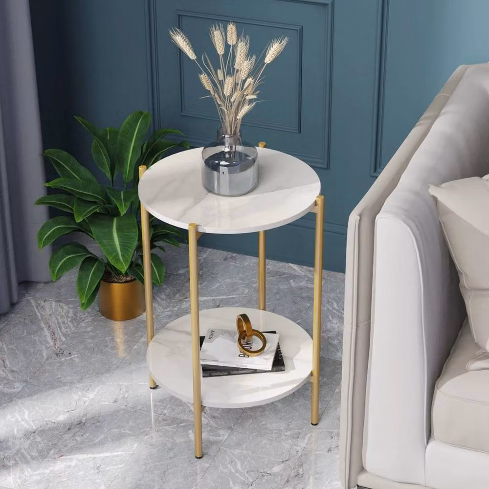 KORVIXA 2 Tier Round Ceramic and Metal Side Table in White and Gold, W/D/H: 100 x 100 x 55 cm – 3