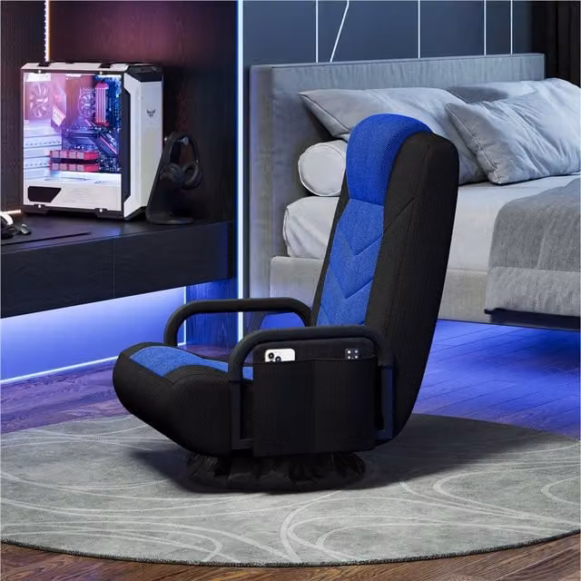 Yaheetech Blue Fabric Floor Gaming Chair for Adults with Adjustable Backrest and Headrest
