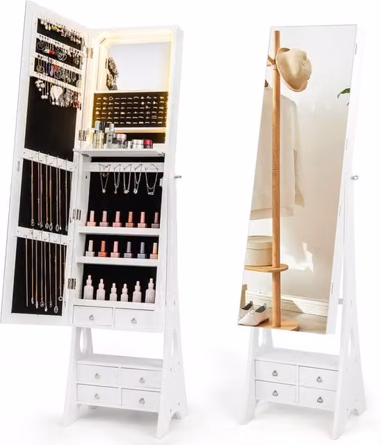 COSTWAY White Freestanding Lighted Jewelry Armoire with LED Lighting, Mirror and Internal Drawers