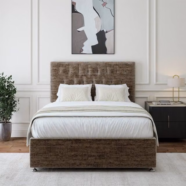 Bedmaster Brown Chenille 4 Drawer Divan Base and Button Headboard, W/D/H: 120 x 200 cm
