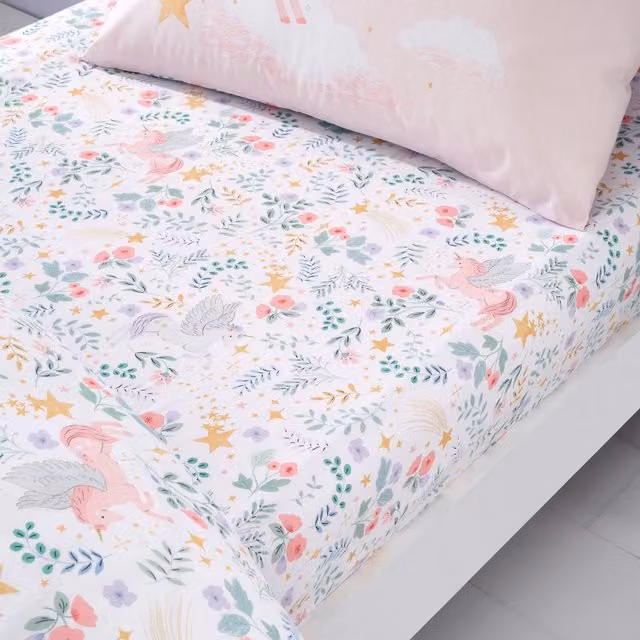 Catherine Lansfield Fairytale Unicorn Fitted Sheet, White and Pink, W/D/H: 140 x 200 cm