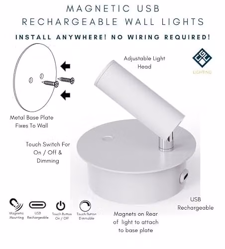 CGC Lighting White Adjustable LED Rechargeable Magnetic USB Wall Reading Lamp – 2