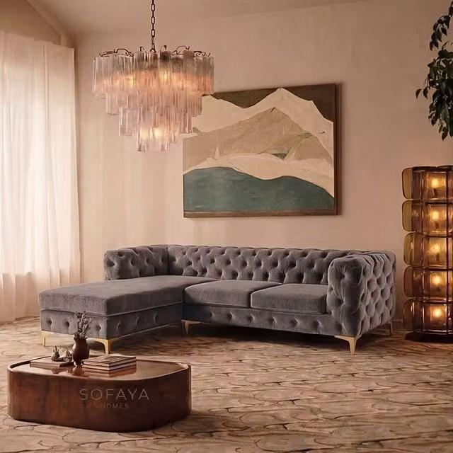 Sofaya Monaco Chesterfield 3 Seater L-Shaped Sofa in Grey Velvet with Left Hand Chaise – 1