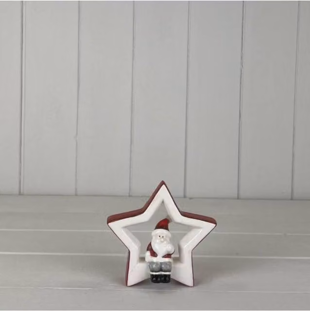 KDMD Small White Ceramic Sitting Santa and Star Christmas Tabletop Figure