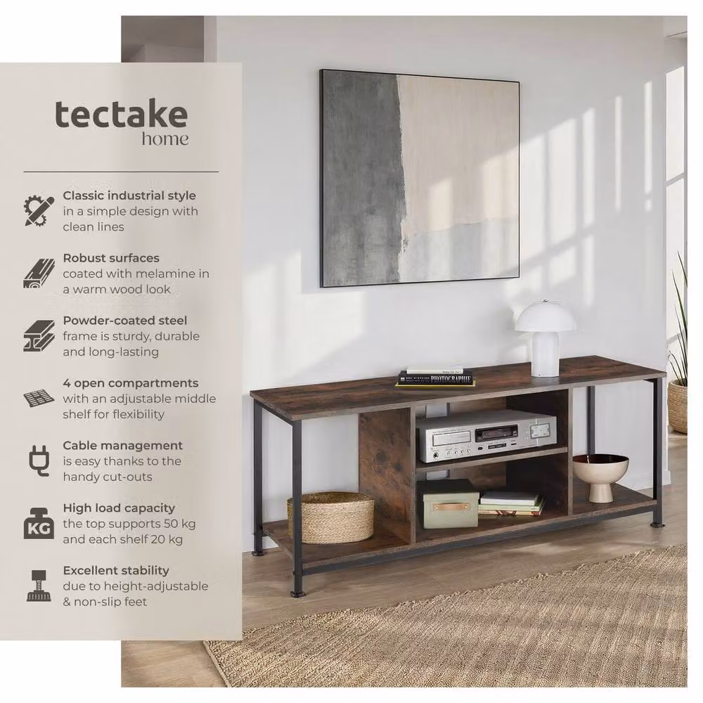 tectake TV Stand Lowboard Cabinet in Brown with 4 Compartments and Adjustable Shelf, Width: 110 cm – 2