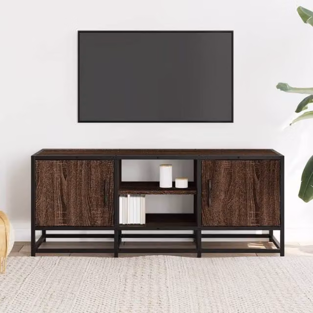 Berkfield Home Brown Oak TV Cabinet in Engineered Wood and Metal, W/D/H: 100 x 35 x 41 cm