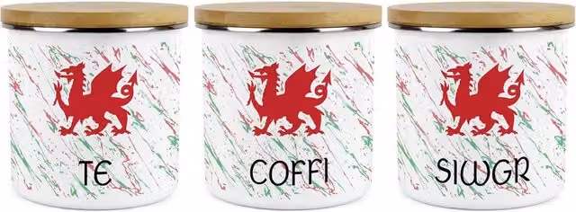 Purely Home Welsh Dragon Tea, Coffee and Sugar Large Airtight Kitchen Canister Set of 3 in Red and Green