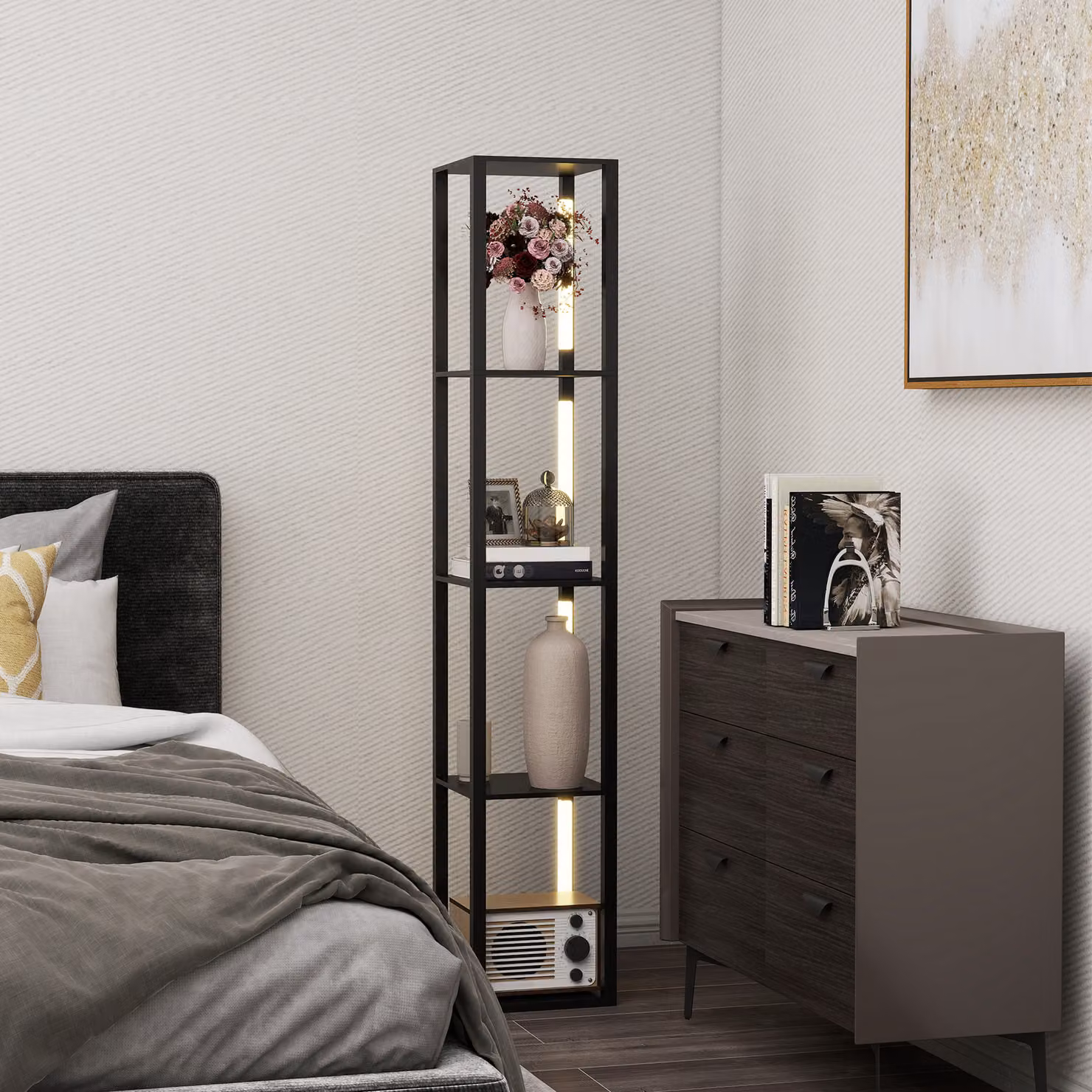 HOMCOM Modern Black Floor Lamp with 4 Shelves, Dimmable LED Column Lamp with 3 Brightness Levels and Foot Switch – 8