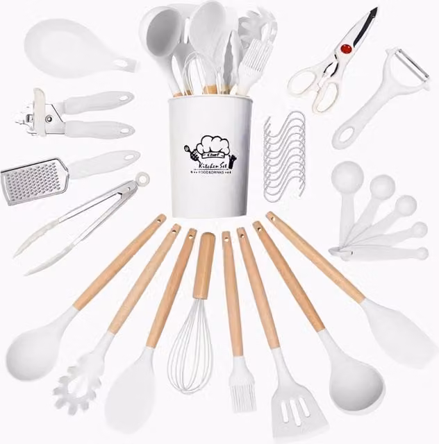 Atek 35 Piece Kitchen Utensils Set in White and Black with Silicone, Wood and Metal Components