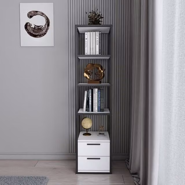 Robbins 4-Tier Minimalist MDF Bookshelf with Cabinets in White and Black