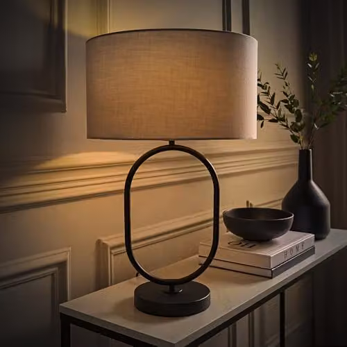 ValueLights Antonia Oval Table Lamp with Grey Fabric Drum Shade and LED Bulb in Matte Black – 3