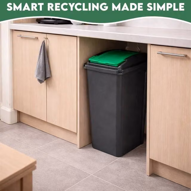 EONLION Slim Plastic Waste Recycling Bin with Lid, Green and Black, Height: 100 cm