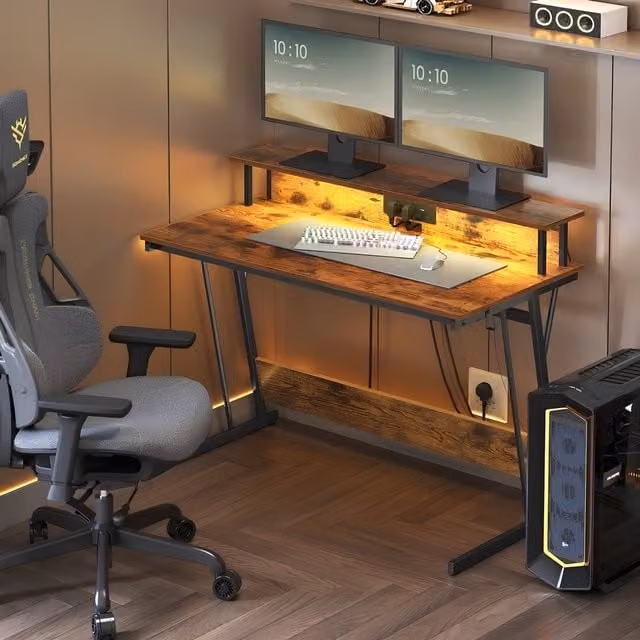 The Bazaarist Gaming Desk with LED Charging Outlets and Shelf, Brown