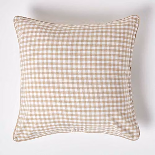 Homescapes Gingham Check Cotton Cushion Cover in Beige and White, W/D/H: 60 x 60 x 60 cm