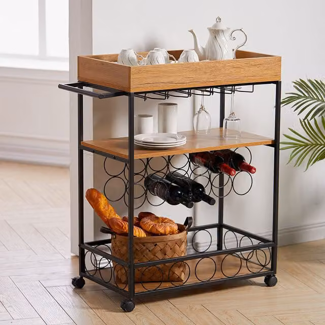 Livingandhome Black Metal Kitchen Trolley with Castors and Serving Tiers, W/D/H: 69.5 x 69.5 x 12.7 cm