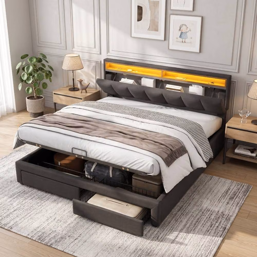 Rolipo Grey Linen Upholstered King Size Bed with LED Headboard, Bedside Shelf and Lift-Up Storage, W/D/H: 180 x 200 cm – 3