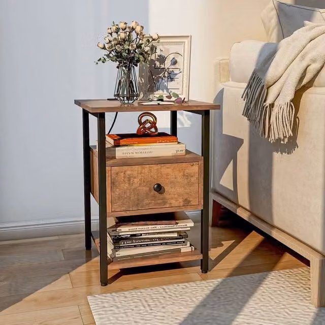 KORVIXA 3-Tier Brown Modern Nightstand and Bedside Side Table – 1