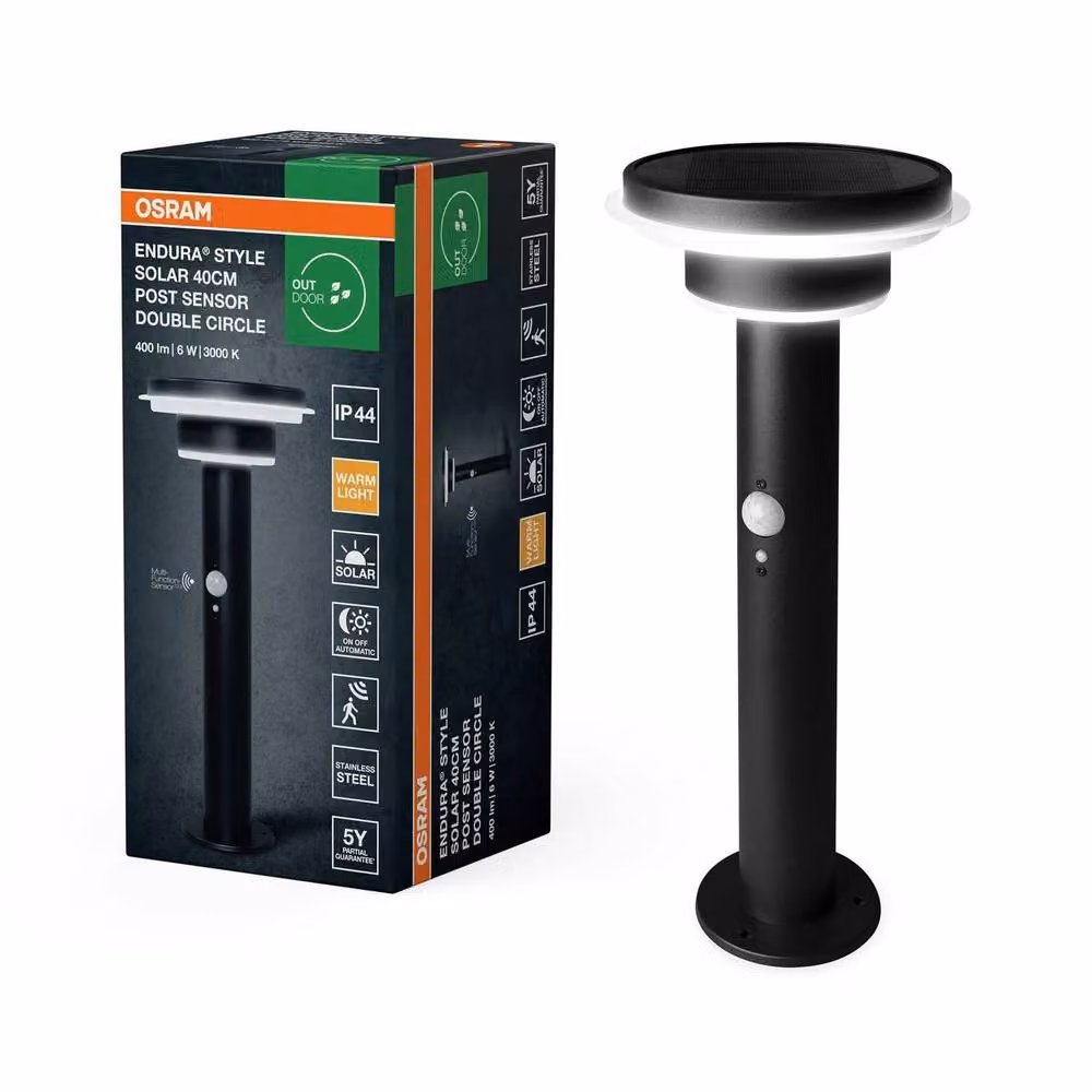 Osram Endura Style Solar LED Outdoor Light in Black and Stainless Steel with Motion and Dusk Sensors, 6W, 400lm, IP44 – 3