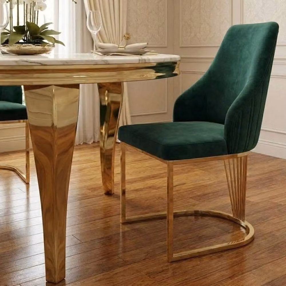 HOME LUXE INTERIOR Sofia Round Cream and Gold Marble Dining Table with 4 Lasco Green and Gold Chairs, Diameter: 150 cm – 5