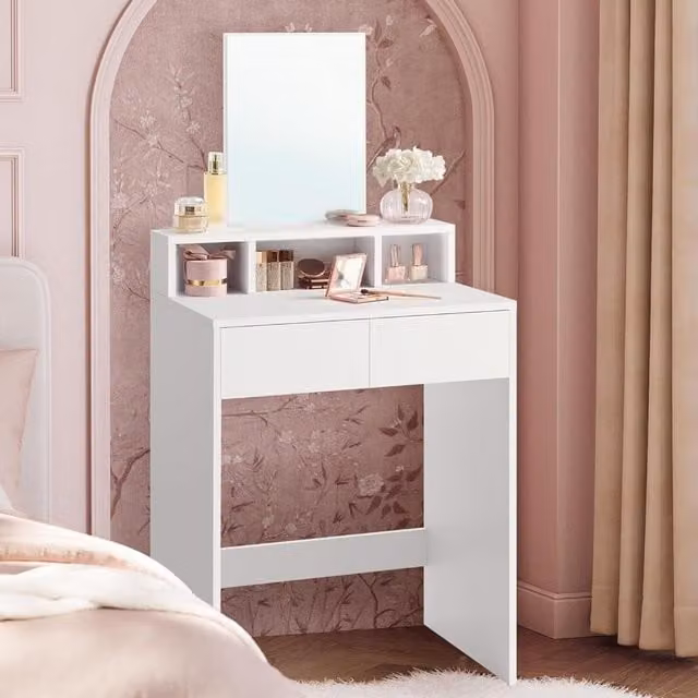 The Bazaarist Modern Dressing Table with Large Mirror and Multi-Compartment Storage in White
