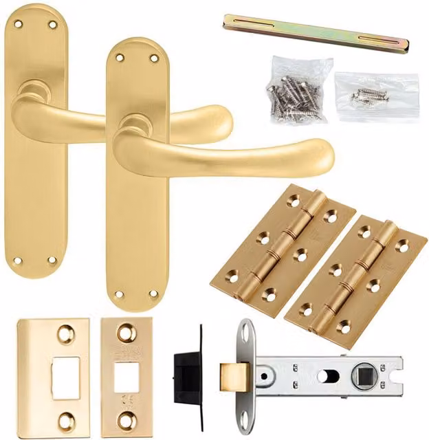 Loops Door Handle and Latch Pack in Satin Brass with Smooth Rounded Lever and Curved Backplate