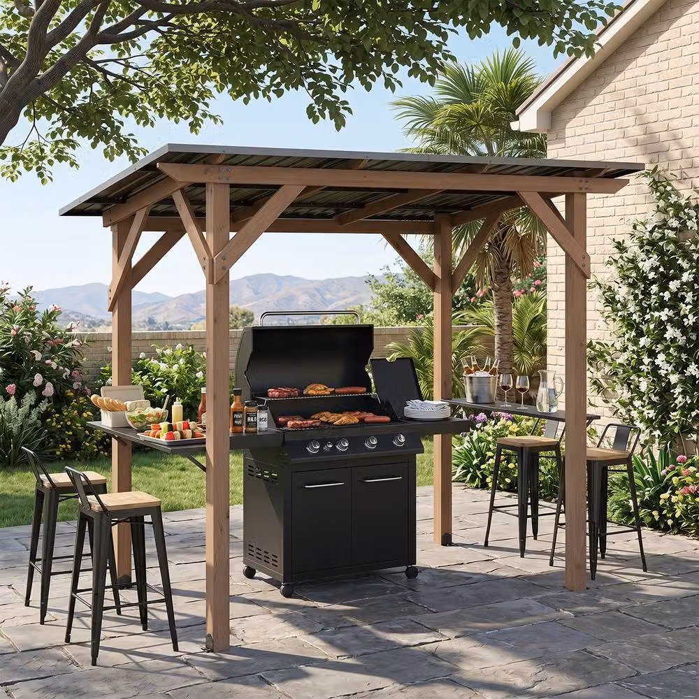 Costway Brown Cedar Wood BBQ Grill Gazebo with 2 Side Serving Shelves, W/D/H: 262.86 x 223.52 x 151.13 cm – 6