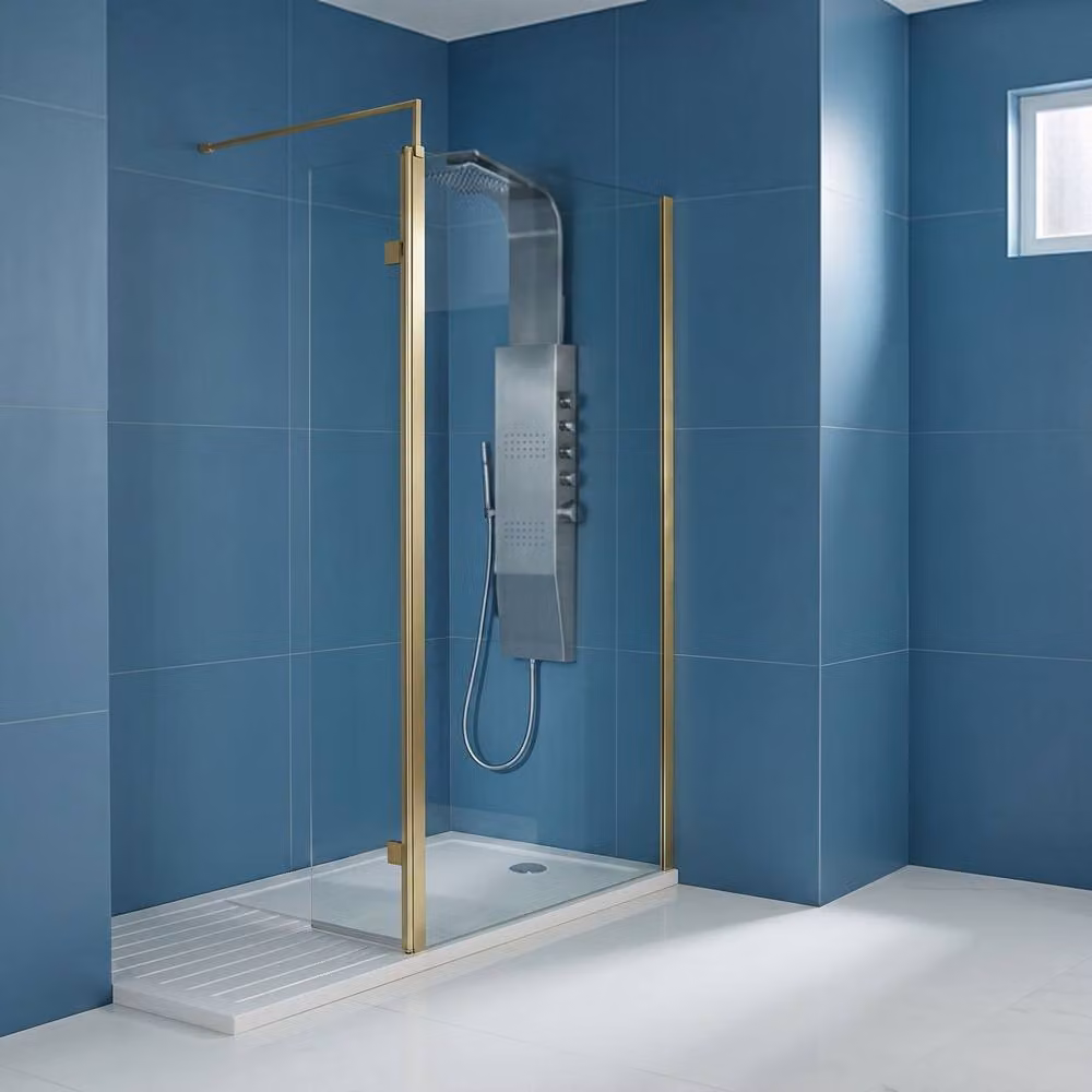 Balterley 8mm Hinged Return Screen and Support Bar with Clear Glass, Brushed Brass, W: 300 mm, H: 1850 mm – 2