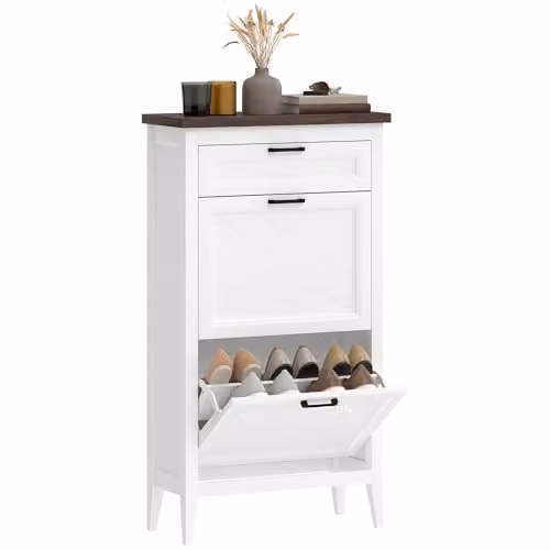 HOMCOM Modern Freestanding Shoe Cabinet with Tilting Compartments and Internal Shelves, White – 1