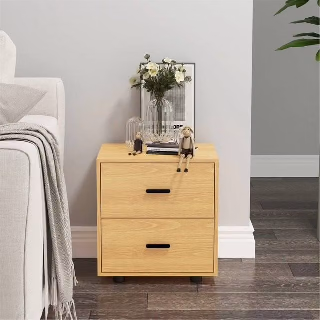 FORGEVIO Modern Beech Wood Bedside Table Cabinet with 2 Drawers in Brown and Beige
