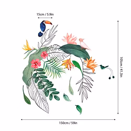 WALPLUS Tropical Leaves and Flowers Wall Stickers, 26 Piece Multicolour Removable Floral Decals for Nursery and Kids Bedroom Decor – 2