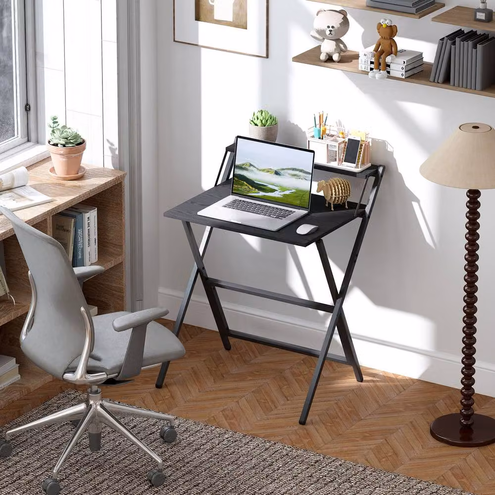 STILVORA Modern Black Metal Desk with Monitor Shelf and Folding Frame – 2
