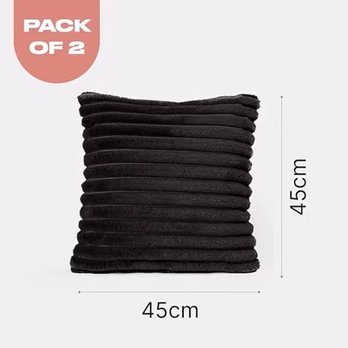 OHS Pack of 2 Ribbed Faux Fur Throw Pillows with Removable Covers, Black, W/D/H: 45 x 45 x 45 cm – 7