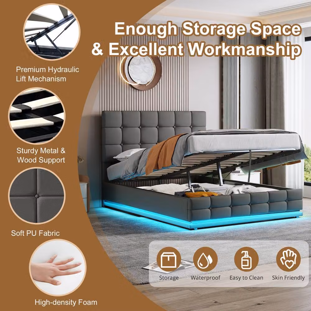 BTM Grey Ottoman Bed with LED Under-Bed Lighting, Hydraulic Lift-Up Storage and Tufted Headboard, W/D/H: 140 x 190 x 142 cm – 3