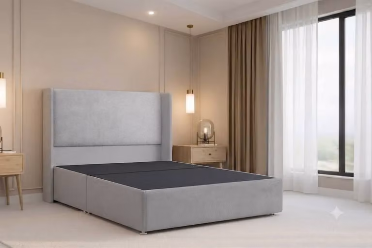 Nexus Mattresses Ltd Portofino Plush Divan Bed Base with 54 inch Winged Headboard, Silver Velvet Fabric, W/D/H: 140 x 200 cm