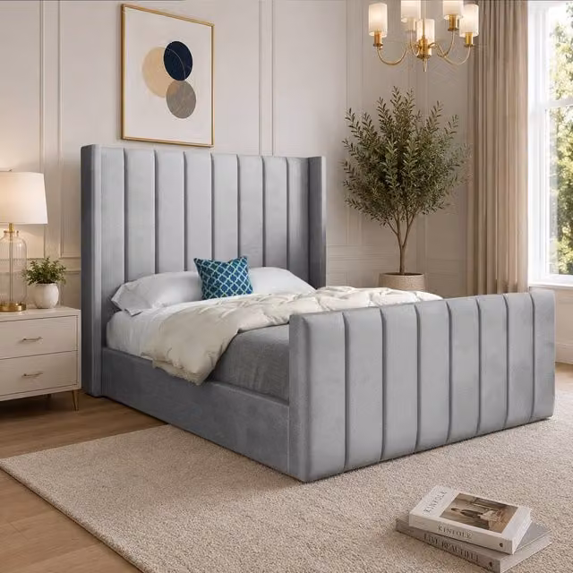 Casani Sherburn Straight Winged Designer Bed Frame in Grey Soft Velvet, Size: Single (W/D/H: 90 x 200 x 137 cm) – 1
