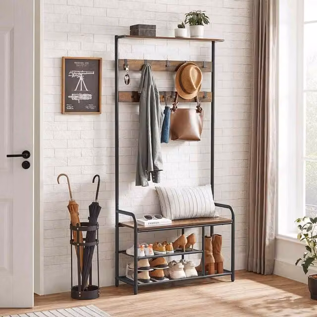 The Bazaarist Industrial Hall Tree with Bench and Shoe Rack in Rustic Brown and Black, H 180.5 x W 85.0 x D 30.0 cm