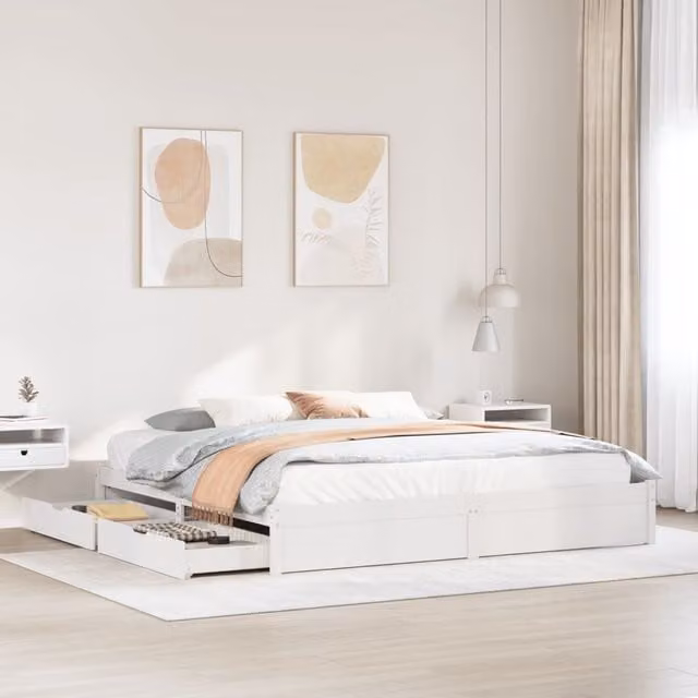 Berkfield Home White Solid Pine Wood Bed Frame W/D/H: 200 x 200 cm
