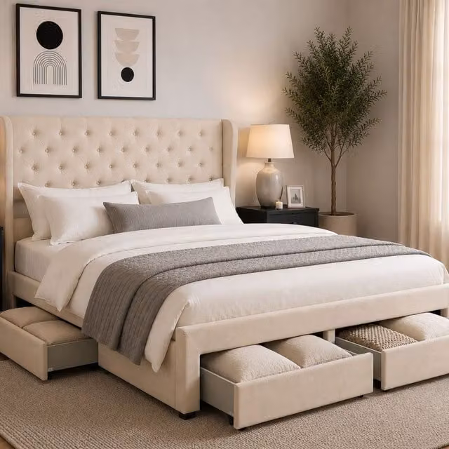 Groundlevel Westbury Velvet Upholstered Bed Frame with Storage Drawers in Beige, 180 x 200 cm