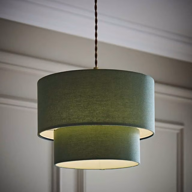 Jodie Two Tier Linen Ceiling Drum Lamp Shade in Sage Green and Black