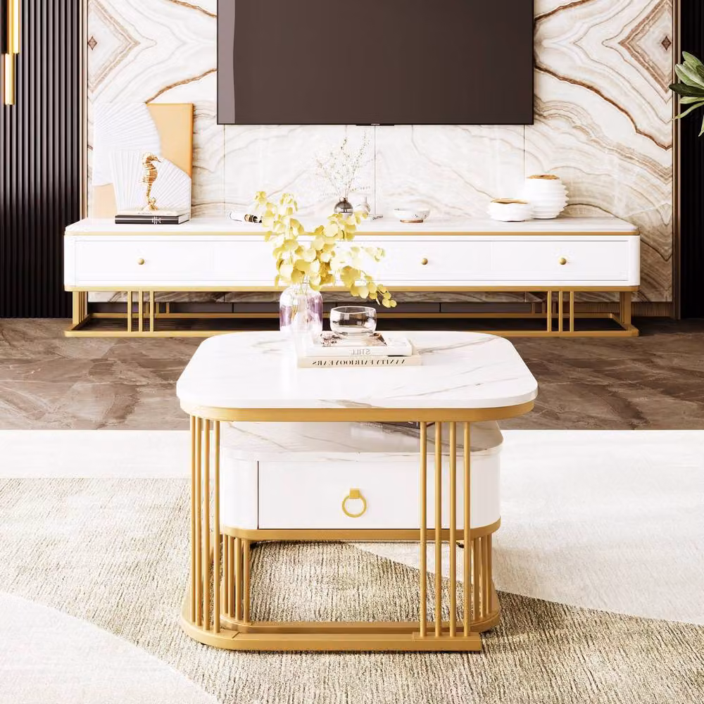 BTM Set of 2 Nesting Tables in White High-Gloss Marble Finish with Drawer – 2