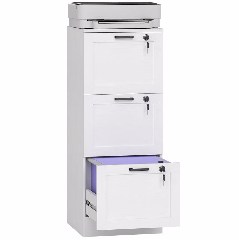 HOMCOM Modern 3-Drawer Lockable Filing Cabinet for A4 and Letter Documents, White Matt – 2