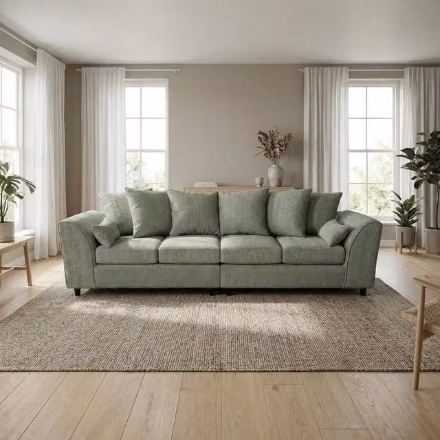 Abakus Direct Jumbo Chenille 4 Seater Sofa in Light Green with Deep Seats and Angular Arms