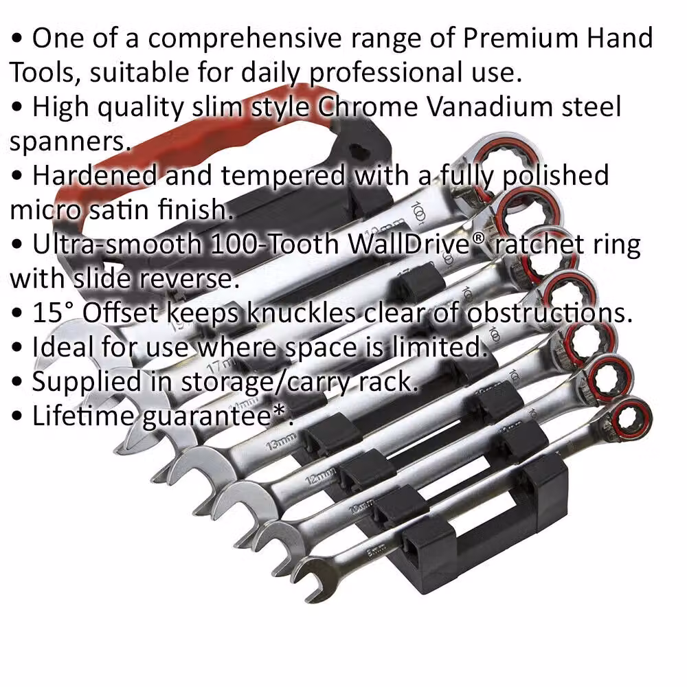 Loops 7pc Reversible Ratchet Combination Spanner Set in Silver and Multicolour Chrome Vanadium Steel – 2
