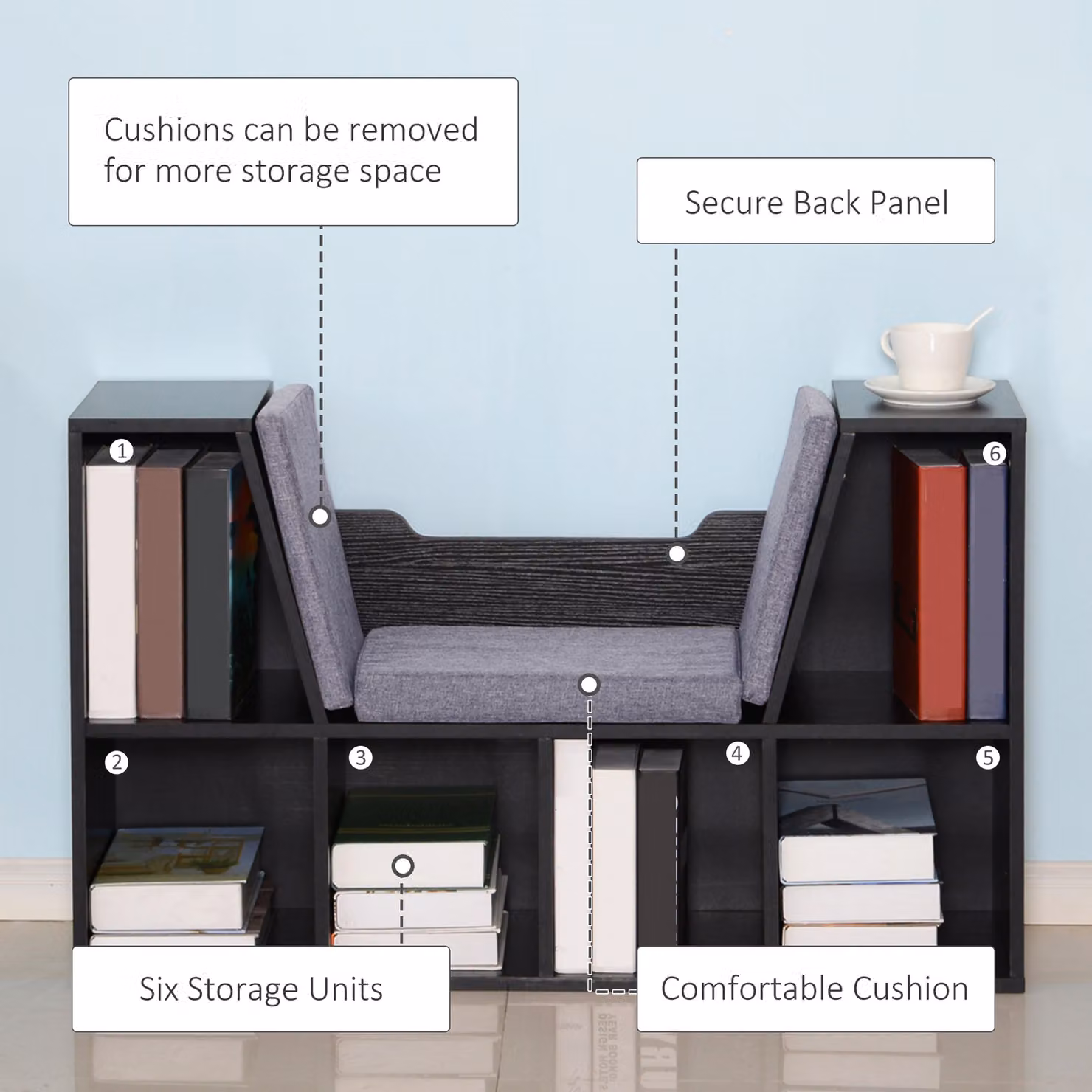 HOMCOM Black Bookcase Shelf Storage Seat with Cushion for Childrens Bedroom or Living Room – 6