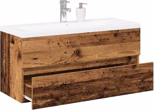 Berkfield Home Sink Cabinet with Built-in Basin in Old Wood Brown, W/D/H: 101 x 39.5 x 49 cm