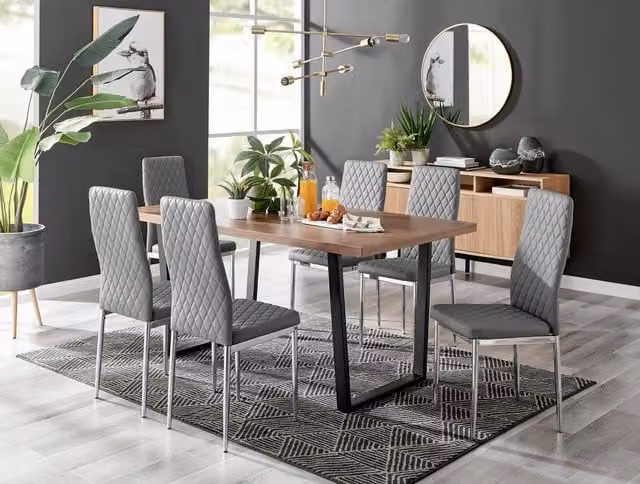 FurnitureboxUK Kylo Large Brown Wood Effect Dining Table and 6 Milan Grey Faux Leather Chairs with Chrome Legs – 1