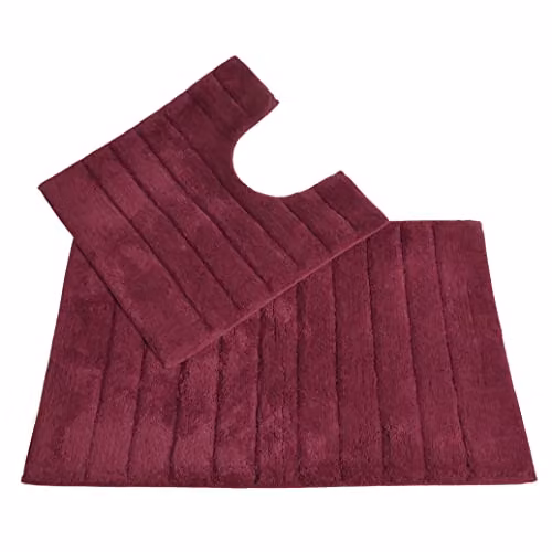 Allure Bath Fashions 2 Piece Ribbed Cotton Bath and Pedestal Toilet Mat Set in Red – 1