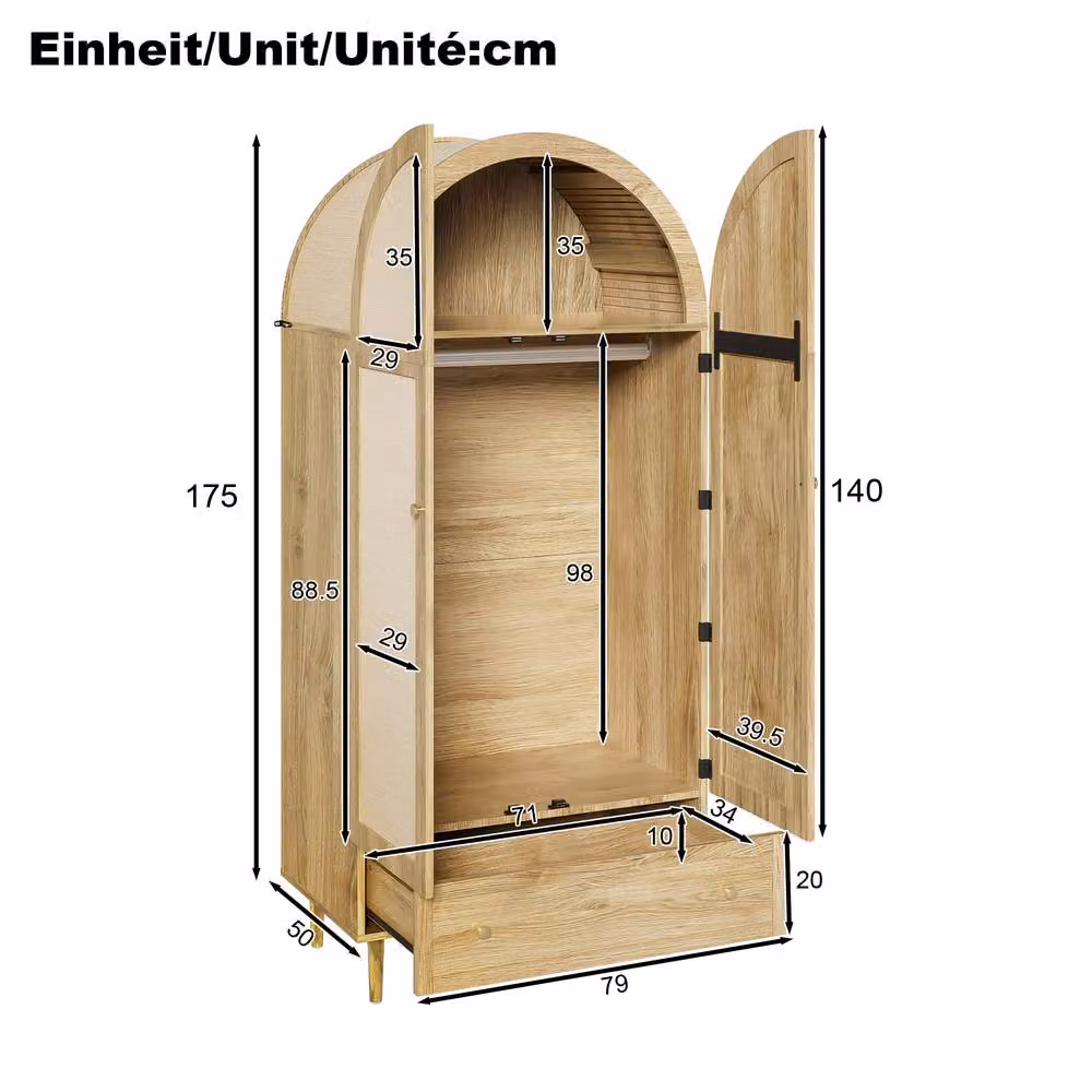 Merax Retro Arched Wardrobe in Brown with Fabric Doors and Drawers, H 175 x W 79 x D 50 cm – 3