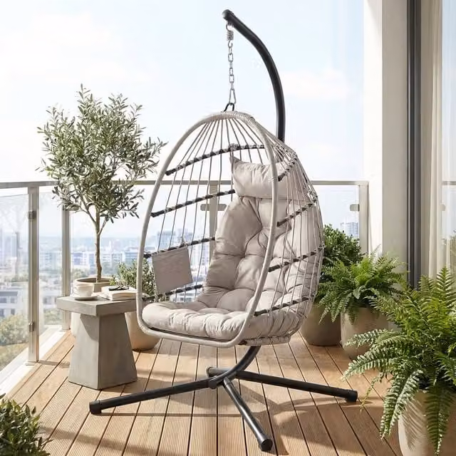SONGMICS Height-Adjustable Hanging Egg Chair with Stand and Cushions, White, H: 195 x W: 103 x D: 98 cm